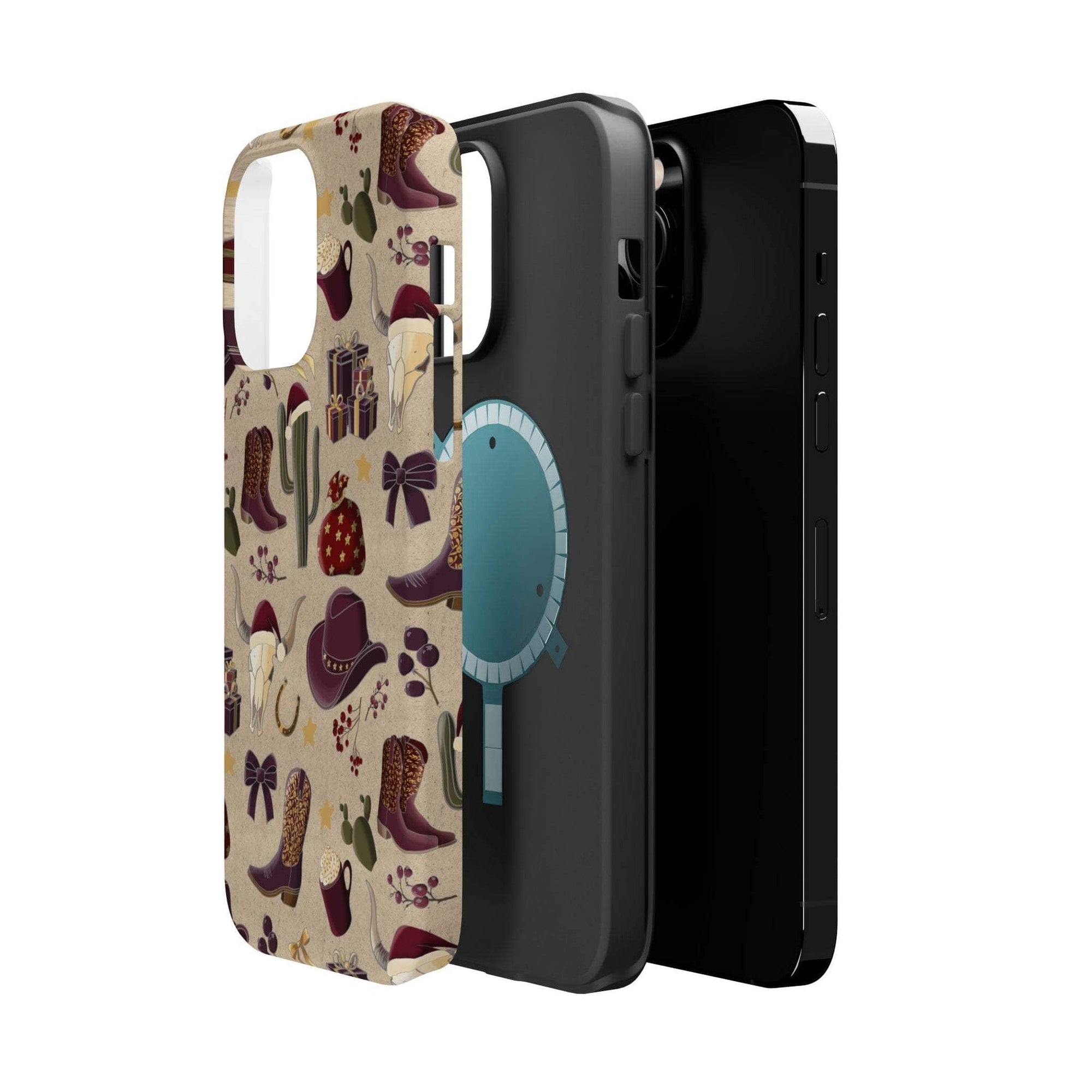 Cowboy Christmas design phone case for iPhone 17 in glossy finish by Printify, featuring festive colors and patterns.