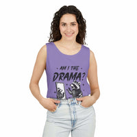 Woman wearing purple tank top with "Am I The Drama?" graphic and raccoon design