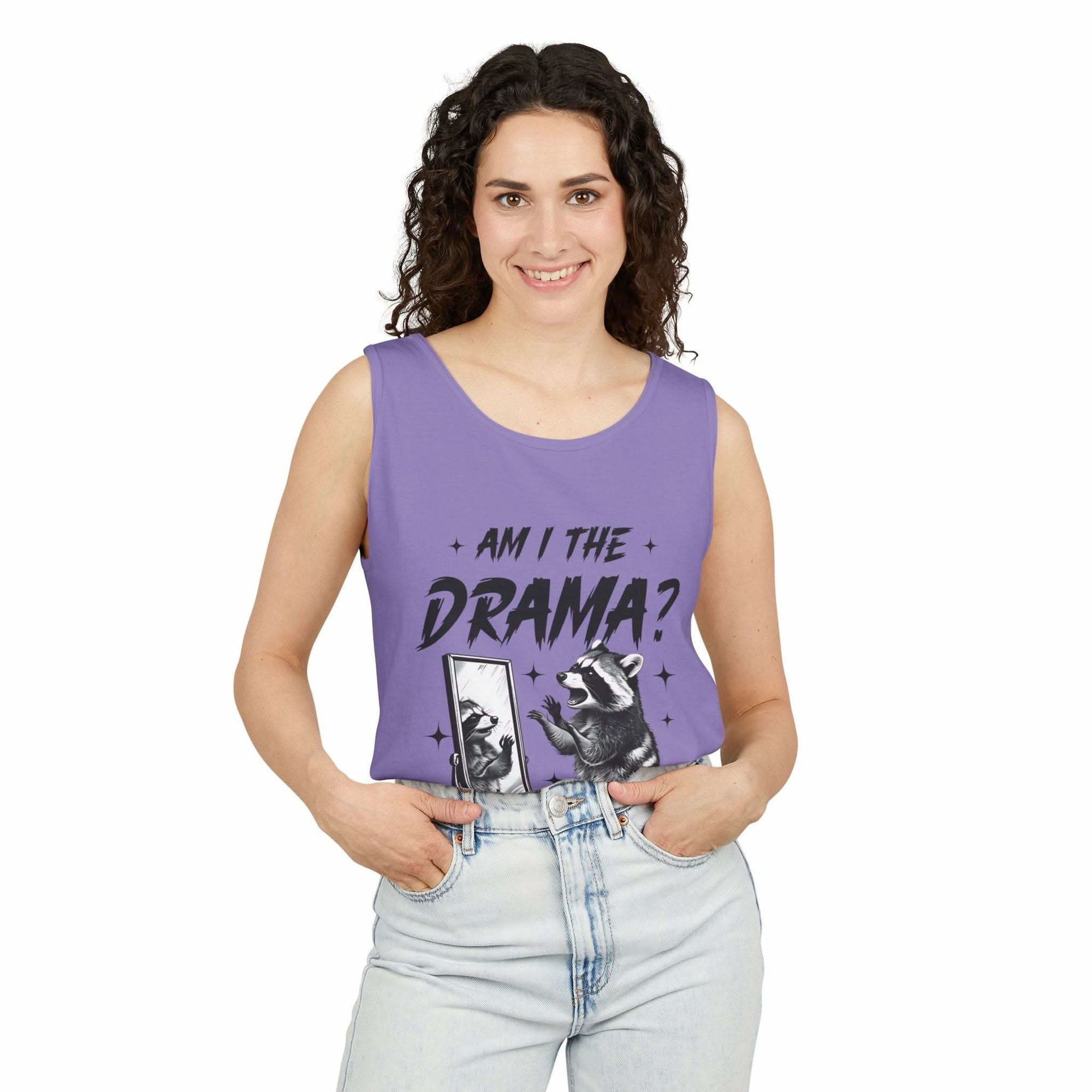 Woman wearing purple tank top with "Am I The Drama?" graphic and raccoon design