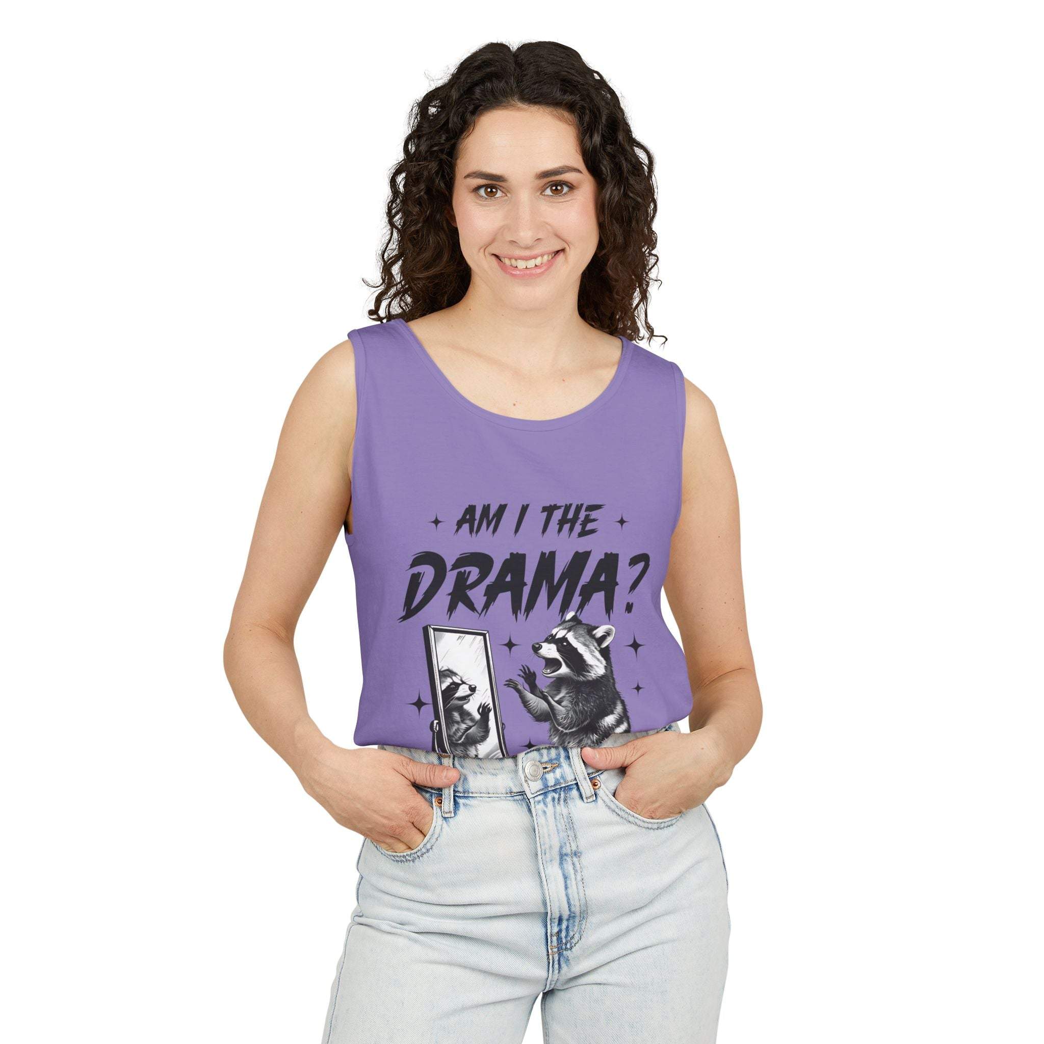 Woman wearing purple tank top with "Am I The Drama?" graphic and raccoon design