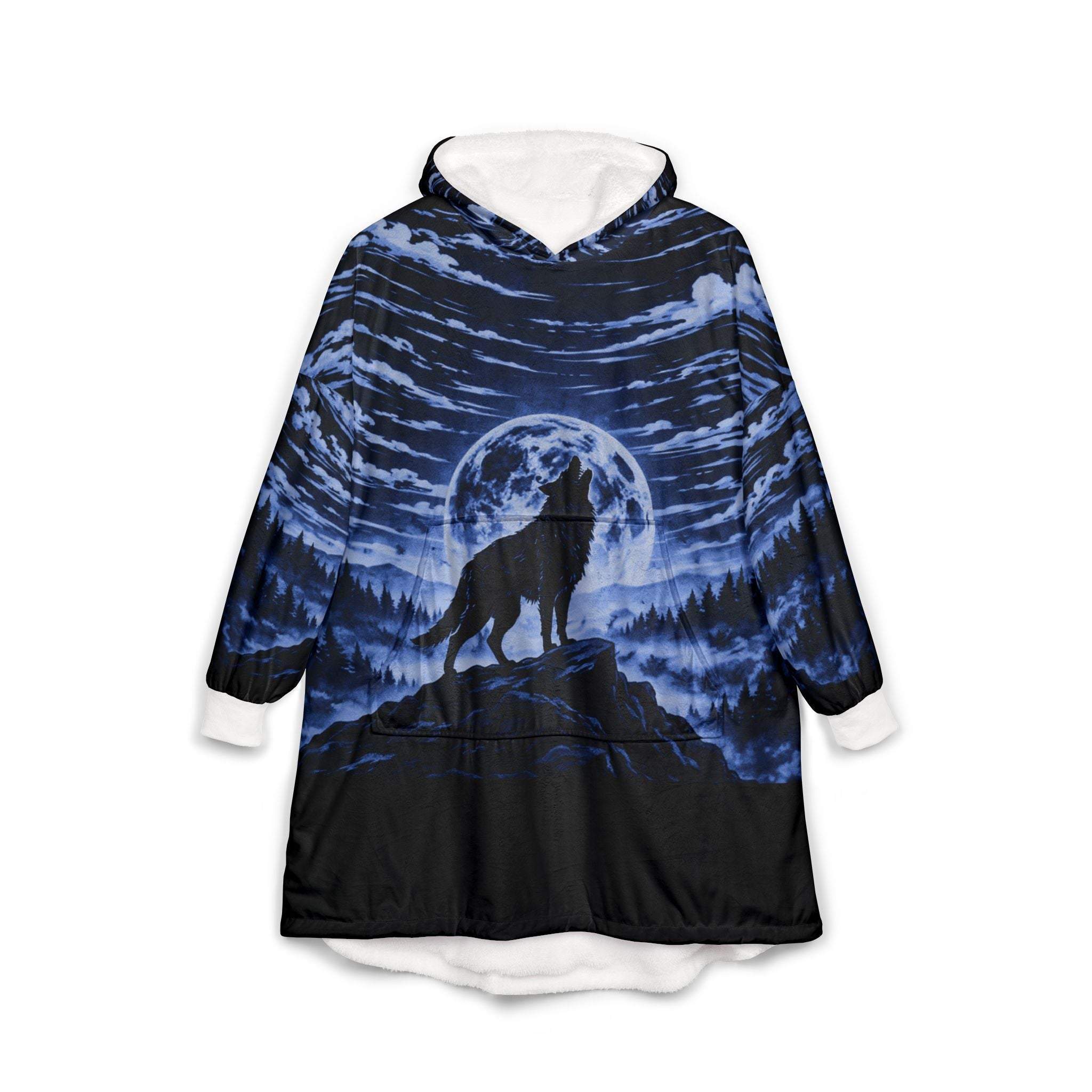 Blue Wolf All Over Print hooded fleece blanket with kangaroo pocket