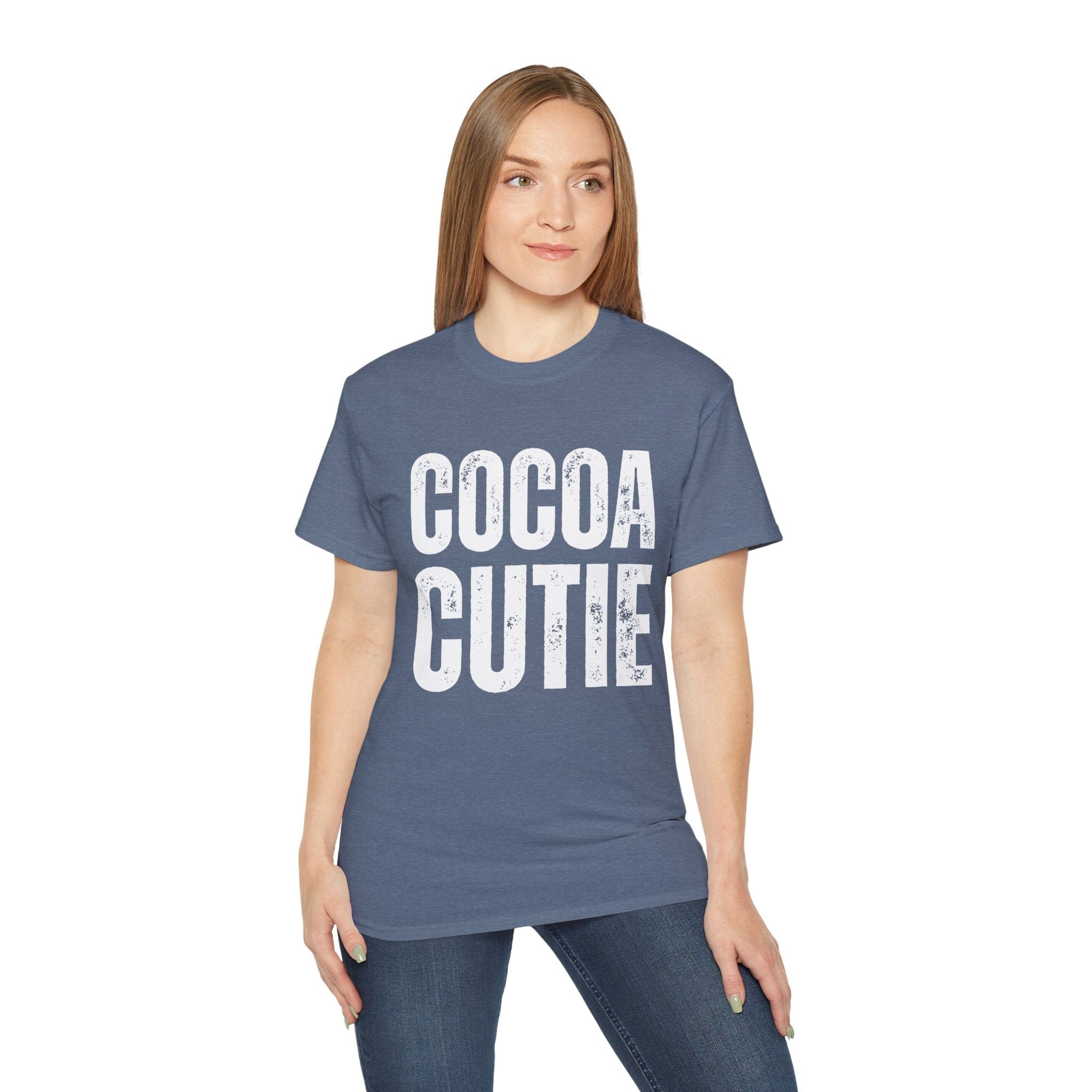 Woman wearing blue Cocoa Cutie Tee made of 100% US cotton with bold white text and classic fit