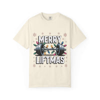 Black Christmas Workout T-shirt with 'Merry Liftmas' design by Printify, perfect for gym lovers.
