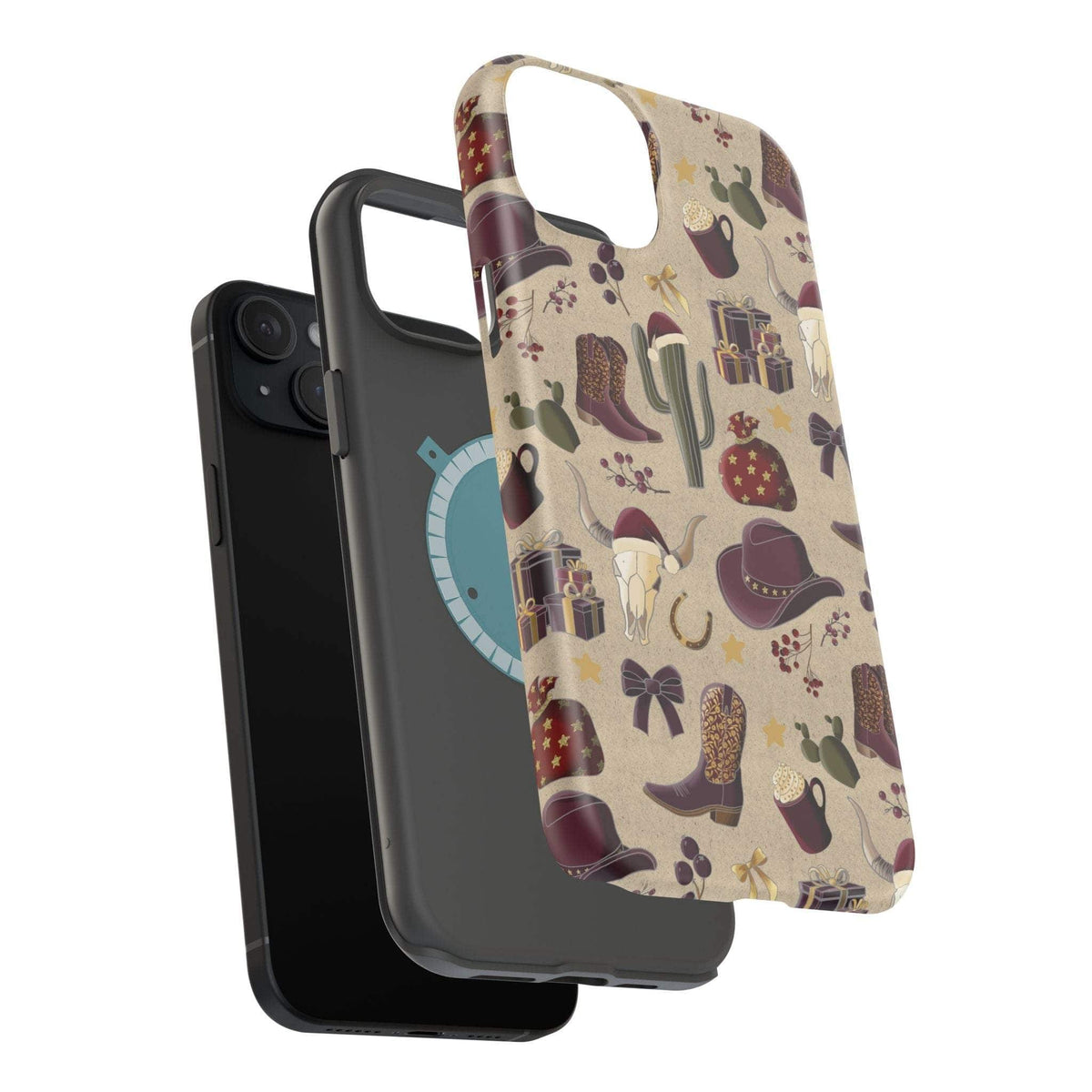Cowboy Christmas design phone case for iPhone 17 in glossy finish by Printify, featuring festive colors and patterns.