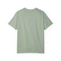 Back view of garment-dyed Puppies Halloween T-shirt in soft green color made of 100% cotton with relaxed fit