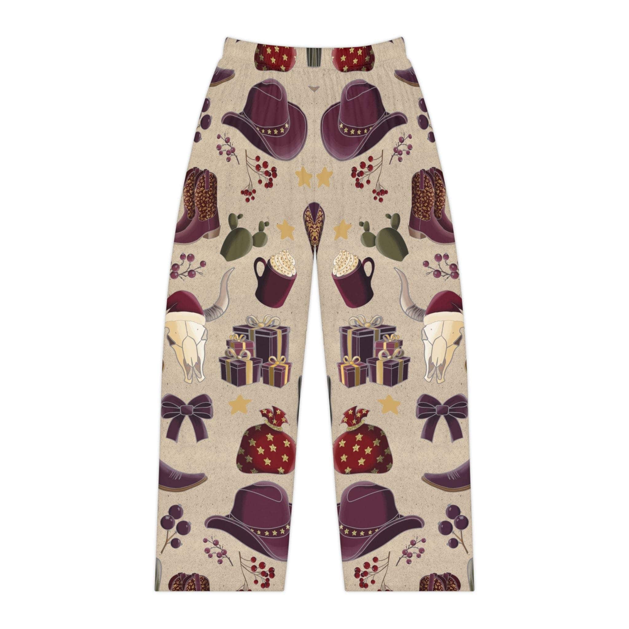 Women's holiday pajama pants with all-over cowgirl print, green and red colors, by Printify