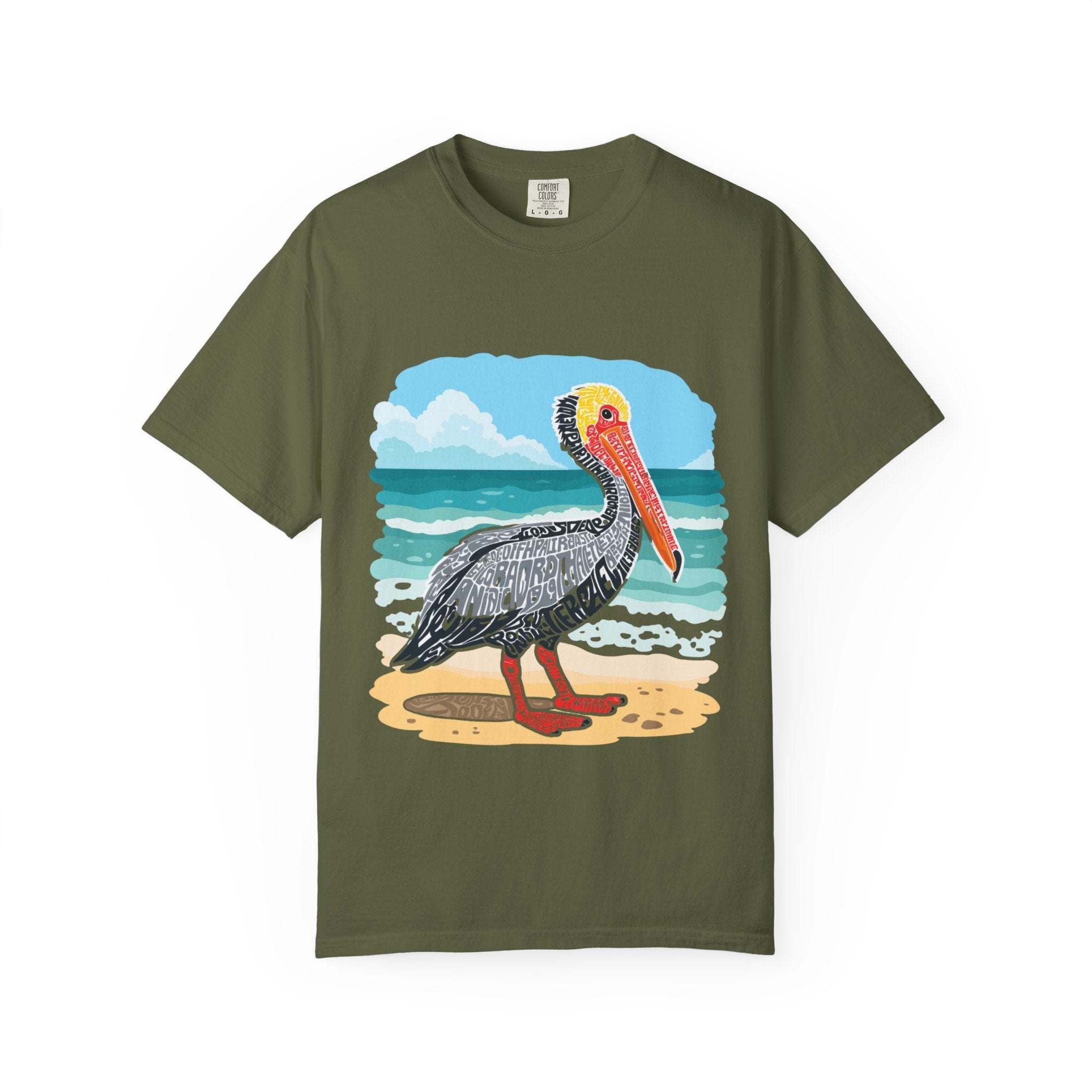 Olive green t-shirt with vintage pelican letter poster design by the beach