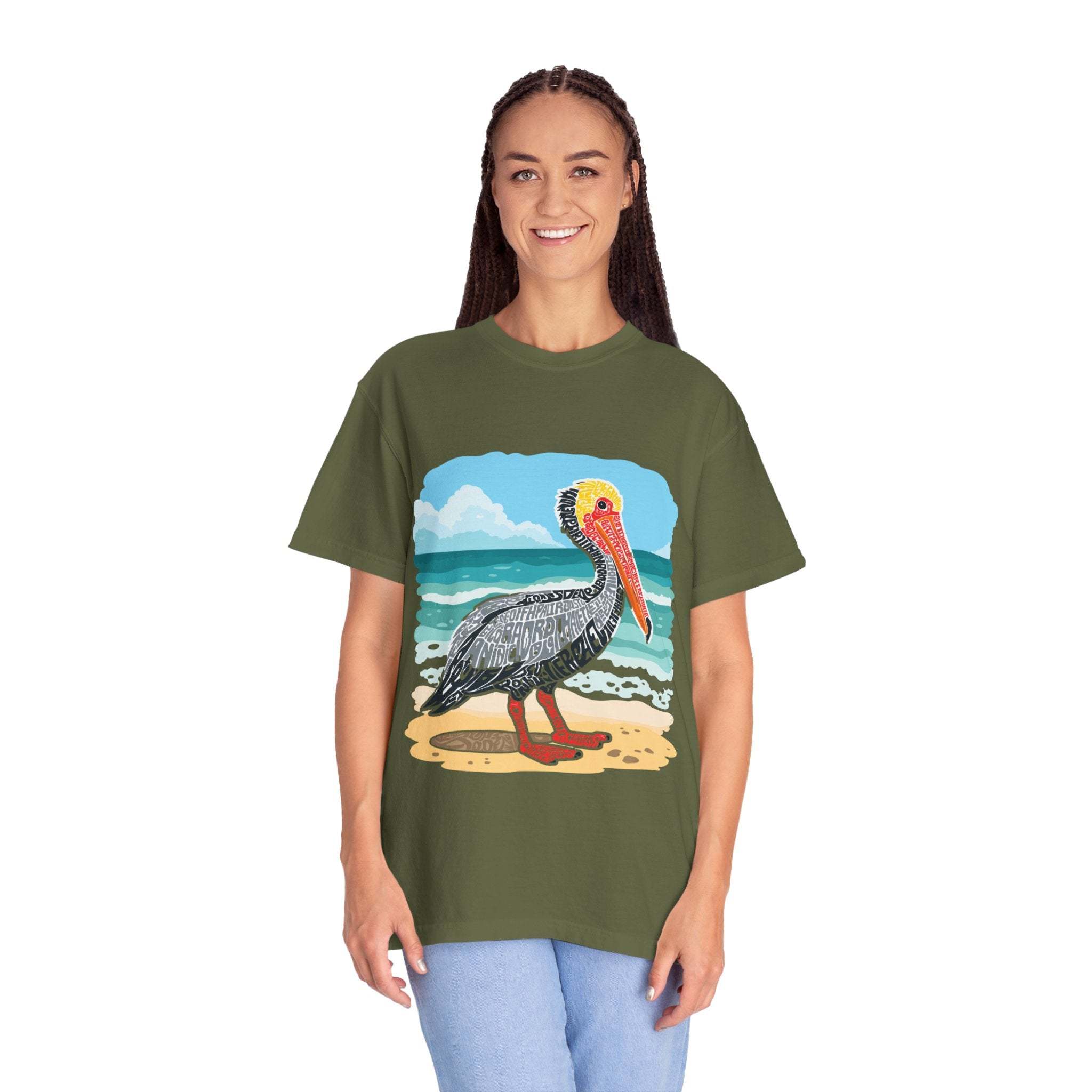 Vintage Pelican Letter Poster graphic tee with coastal, weathered design and relaxed fit