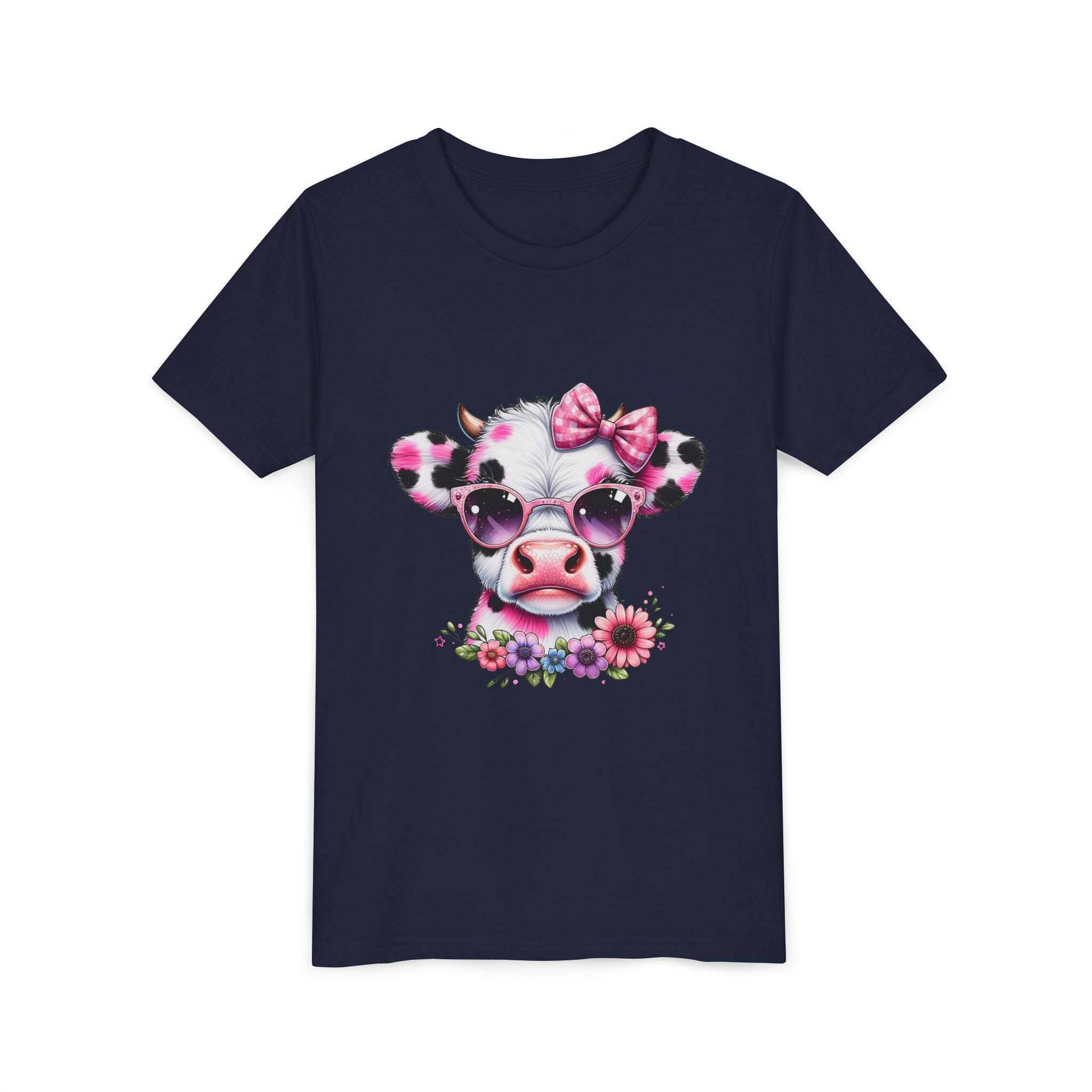 Pink floral highland cow graphic youth tee shirt for kids with soft cotton and modern fit