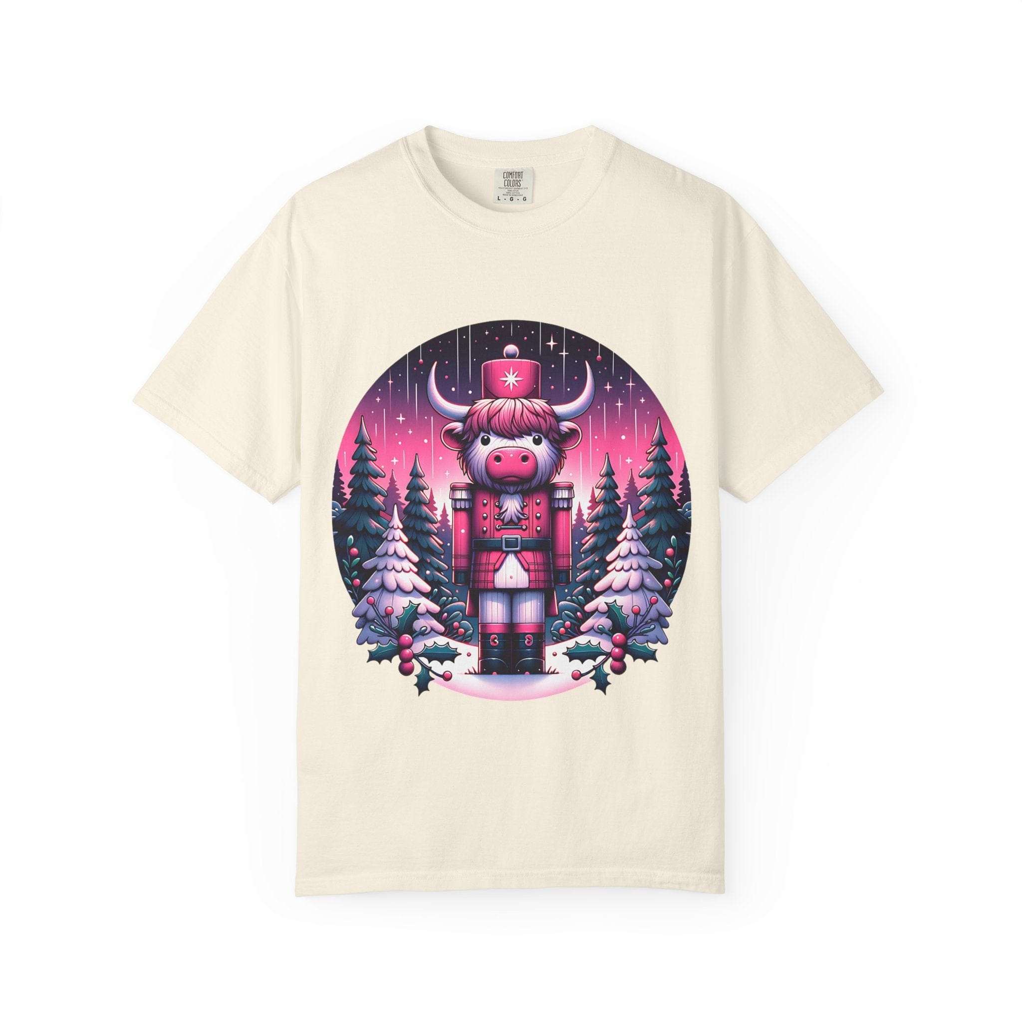 Black cow nutcracker t-shirt by Printify, casual style for animal lovers, perfect cozy gift for Christmas.