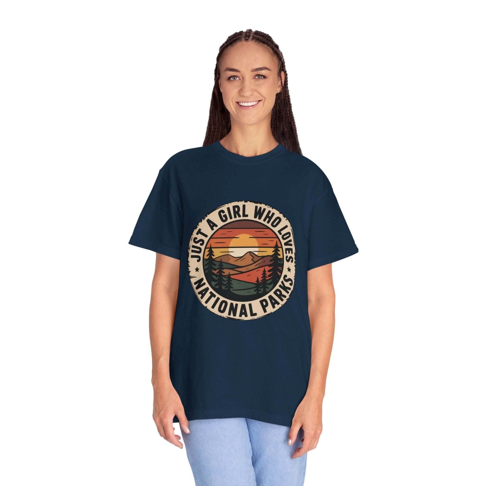Just a Girl Who Loves National Parks T-Shirt made of soft garment-dyed cotton with relaxed fit and outdoor design