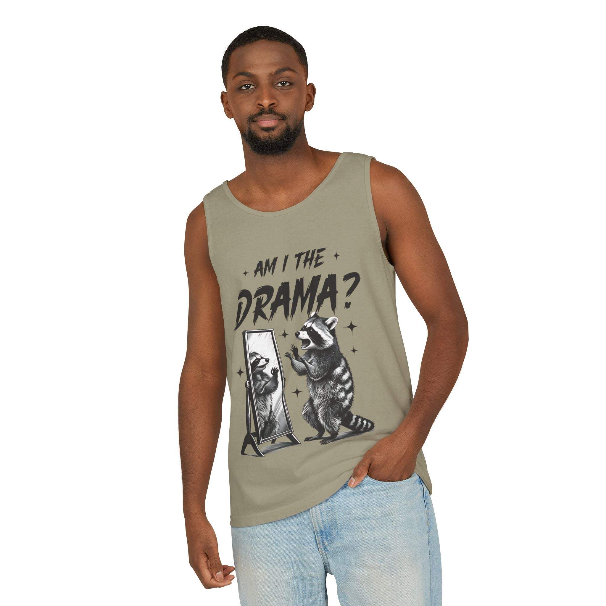 Men's casual tank top with "Am I The Drama?" raccoon graphic design, relaxed fit, soft garment-dyed cotton.