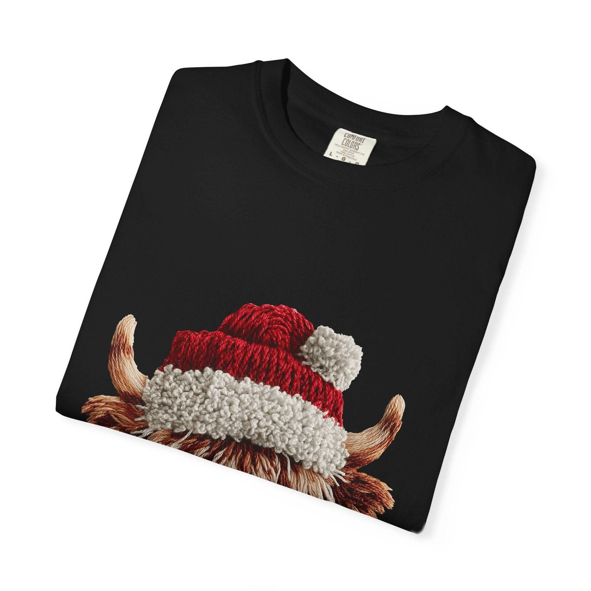 Black T-shirt with faux crochet yarn Highland cow wearing Santa hat print for Christmas