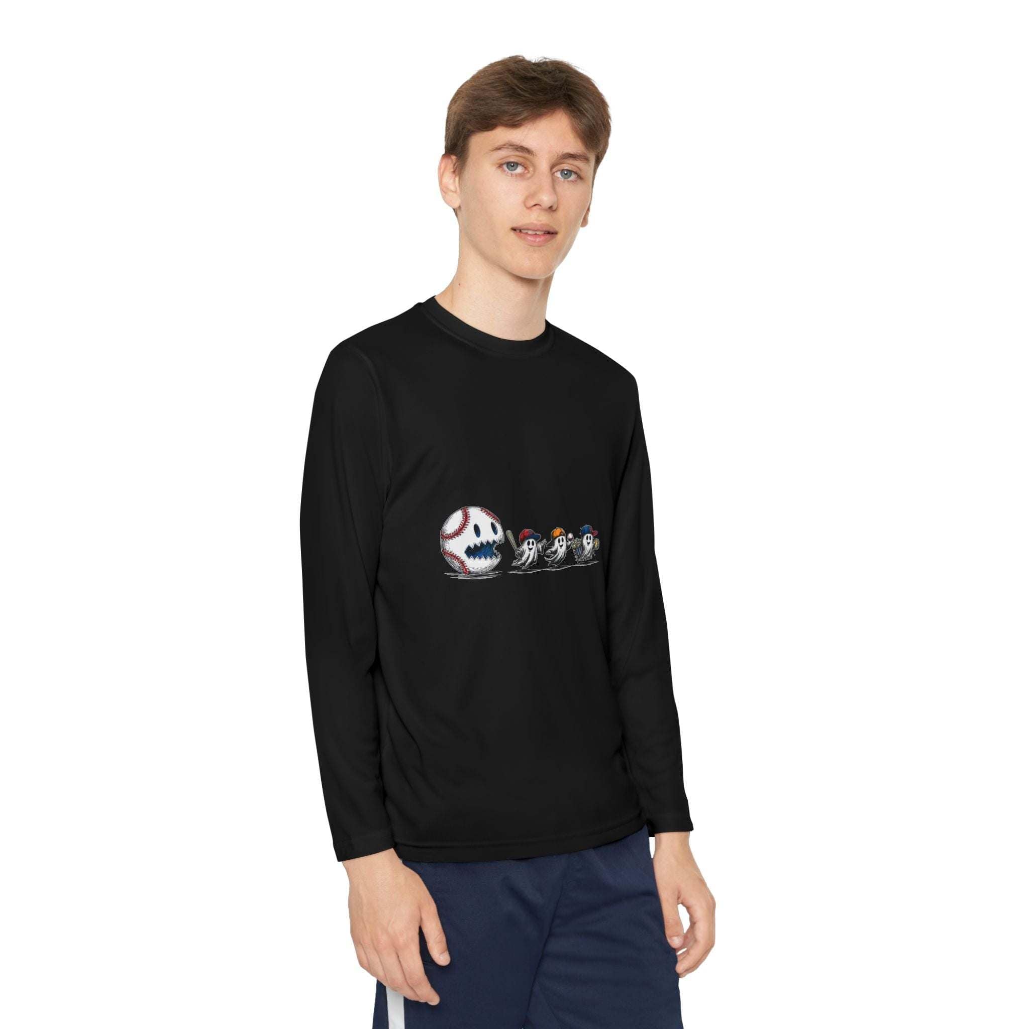Youth Tee black long sleeve shirt with baseball eating Halloween ghosts design