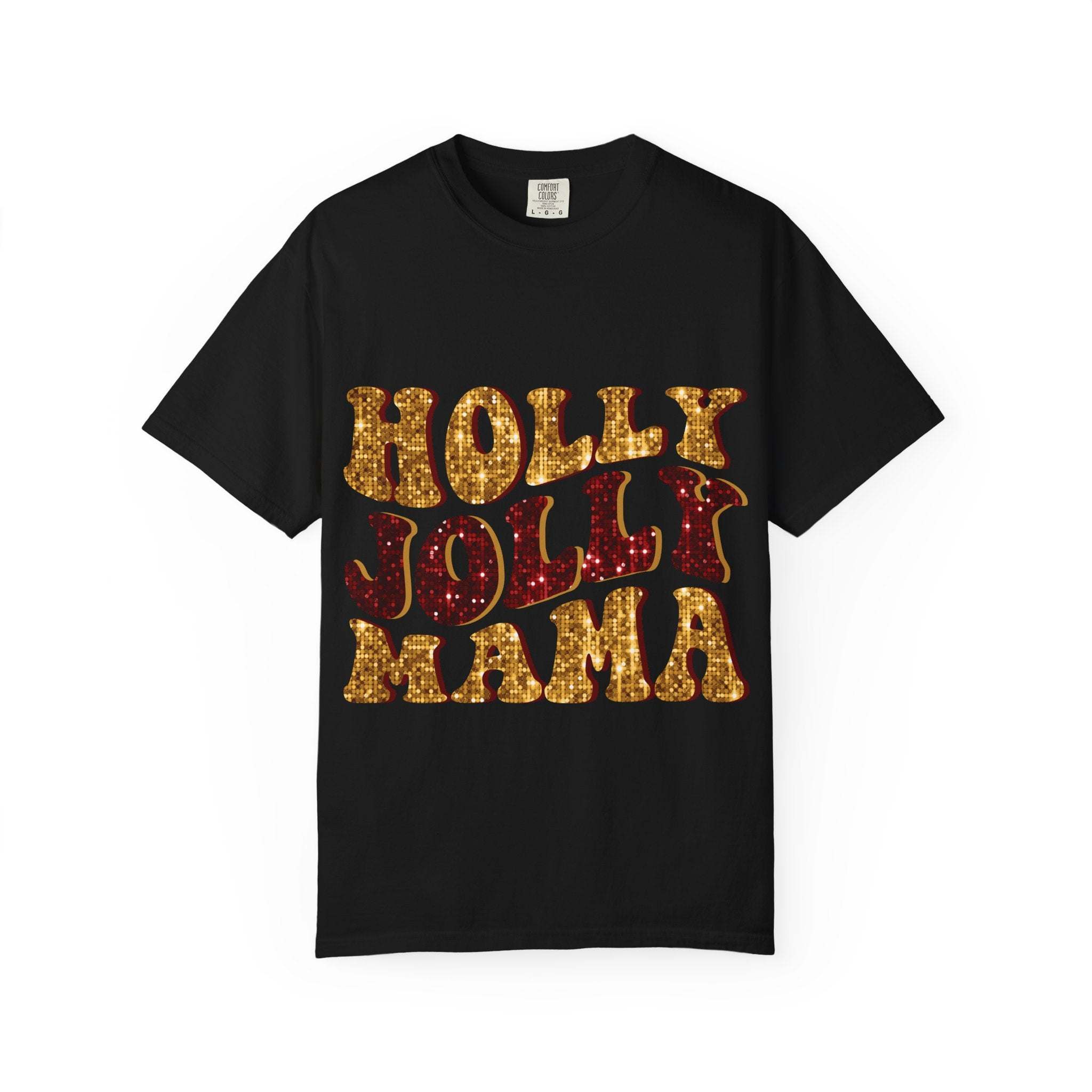 Black t-shirt with faux glitter "Holly Jolly Mama" text design for festive moms