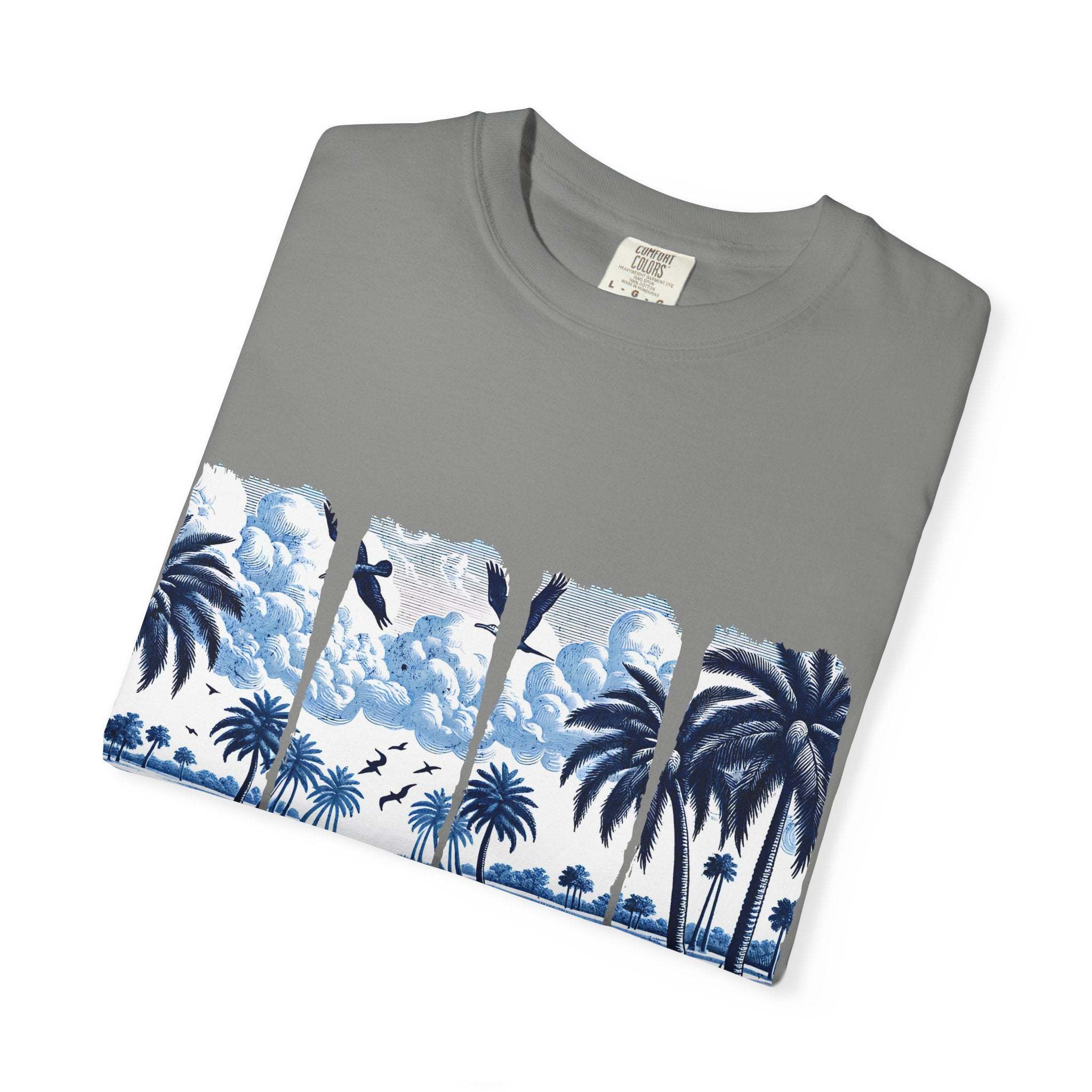 Blue Chinoise Brushstroke T-Shirt with soft blue chinoiserie brushwork on garment-dyed cotton tee