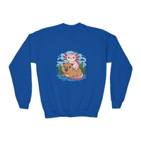 Blue sweatshirt with a cartoon axolotl and dog design on a white background