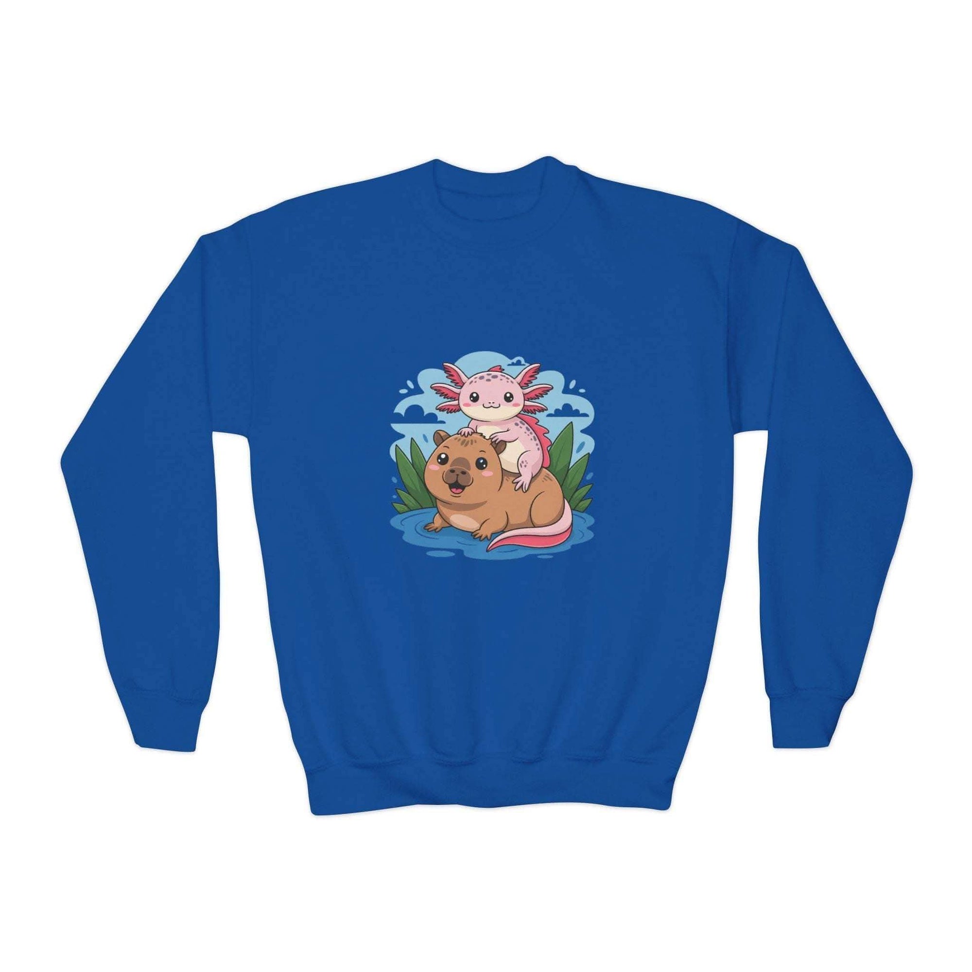 Blue sweatshirt with a cartoon axolotl and dog design on a white background
