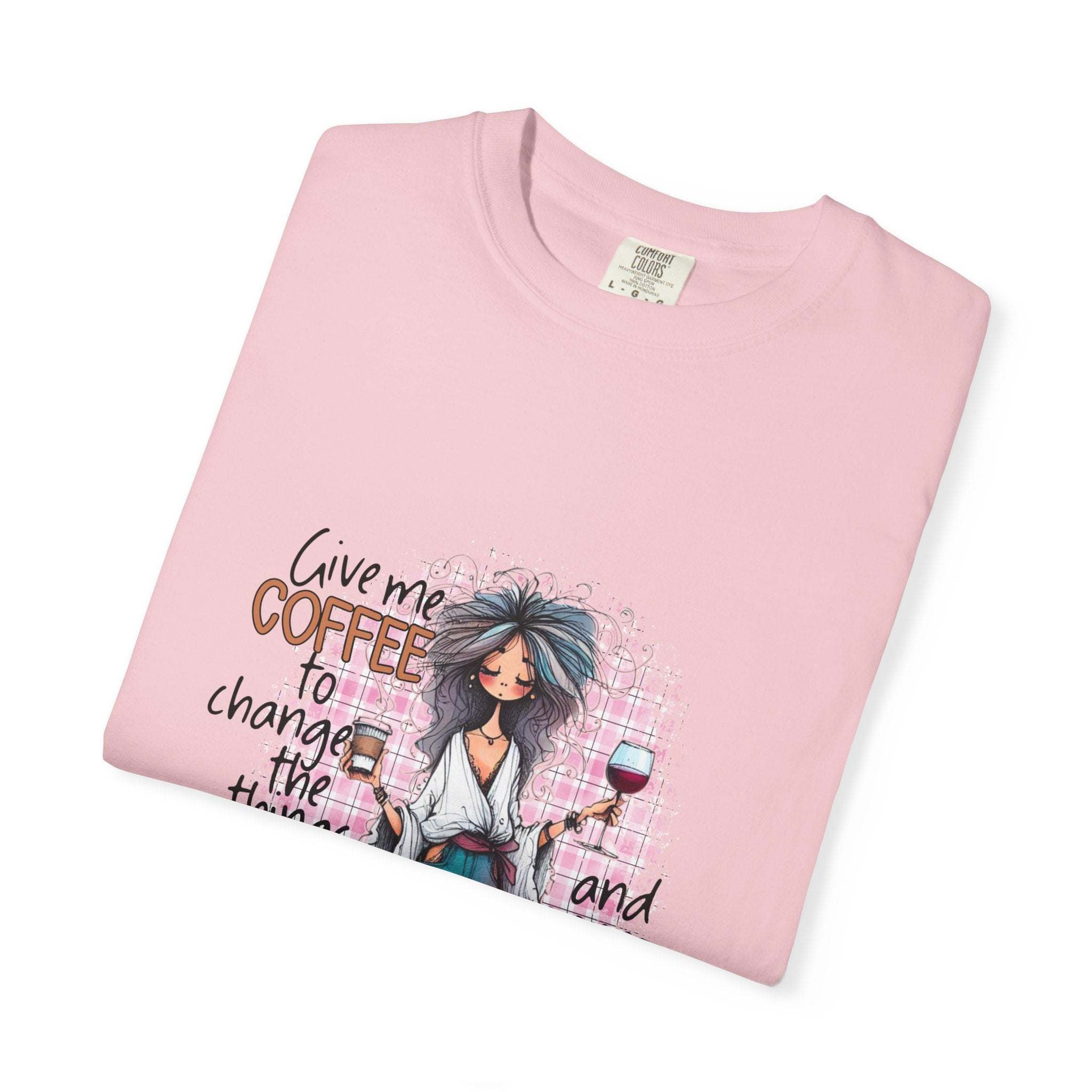 Pink Coffee and Wine Unisex T-shirt with fun quote and graphic design