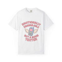 Black funny graphic tee featuring 'Emotionally Unavailable But A Good Texter' text, brand Printify.