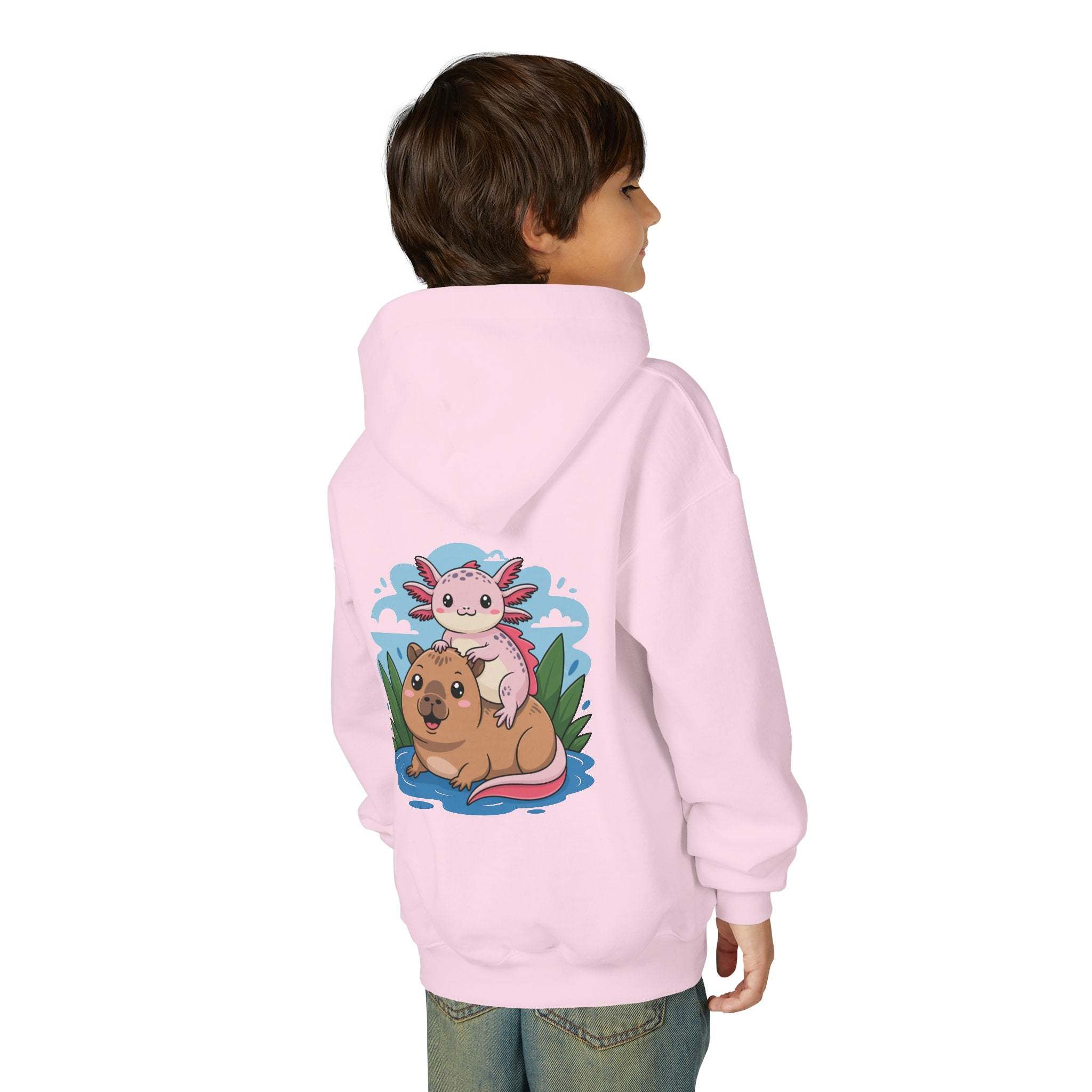 Youth hoodie featuring playful axolotl and capybara design on soft cotton-poly pullover sweatshirt