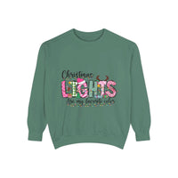 White garment-dyed sweatshirt featuring festive Christmas lights design by Printify