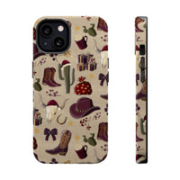 Cowboy Christmas design phone case for iPhone 17 in glossy finish by Printify, featuring festive colors and patterns.
