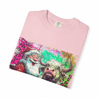 Retro Santa and Highland Cow graphic on a black t-shirt by Printify, perfect for festive holiday wear.