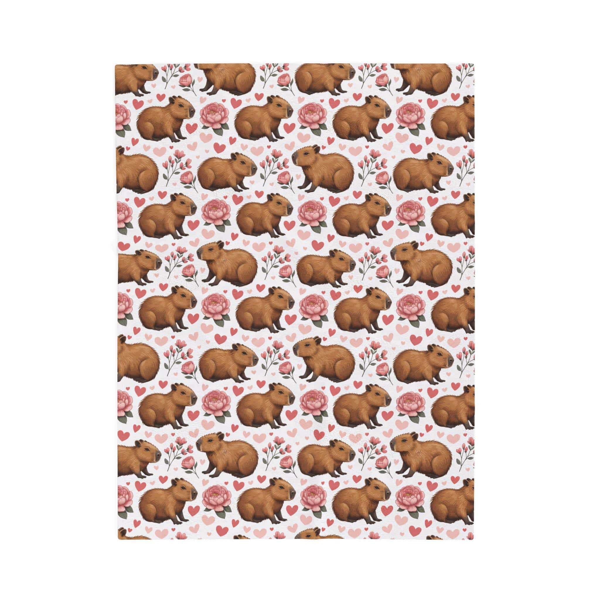 Floral Capybara Valentines plush blanket with soft velveteen and pastel floral design