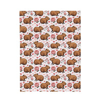 Floral Capybara Valentines plush blanket with soft velveteen and pastel floral design