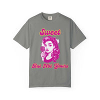 Black cotton t-shirt with 'Sweet But Not Yours' Bratcore design, casual wear from Printify