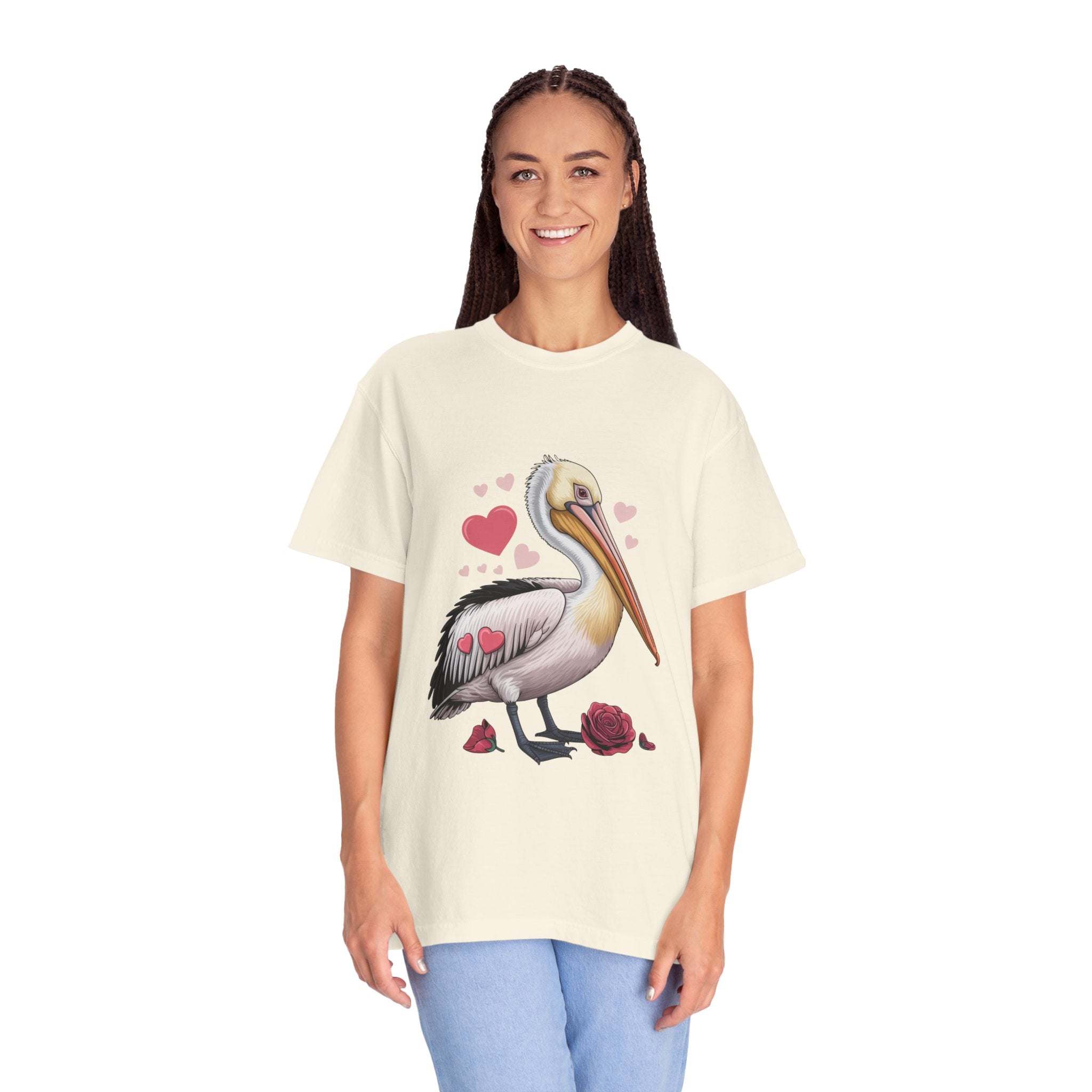Valentine Pelican Hearts T-Shirt with vintage coastal design and relaxed fit