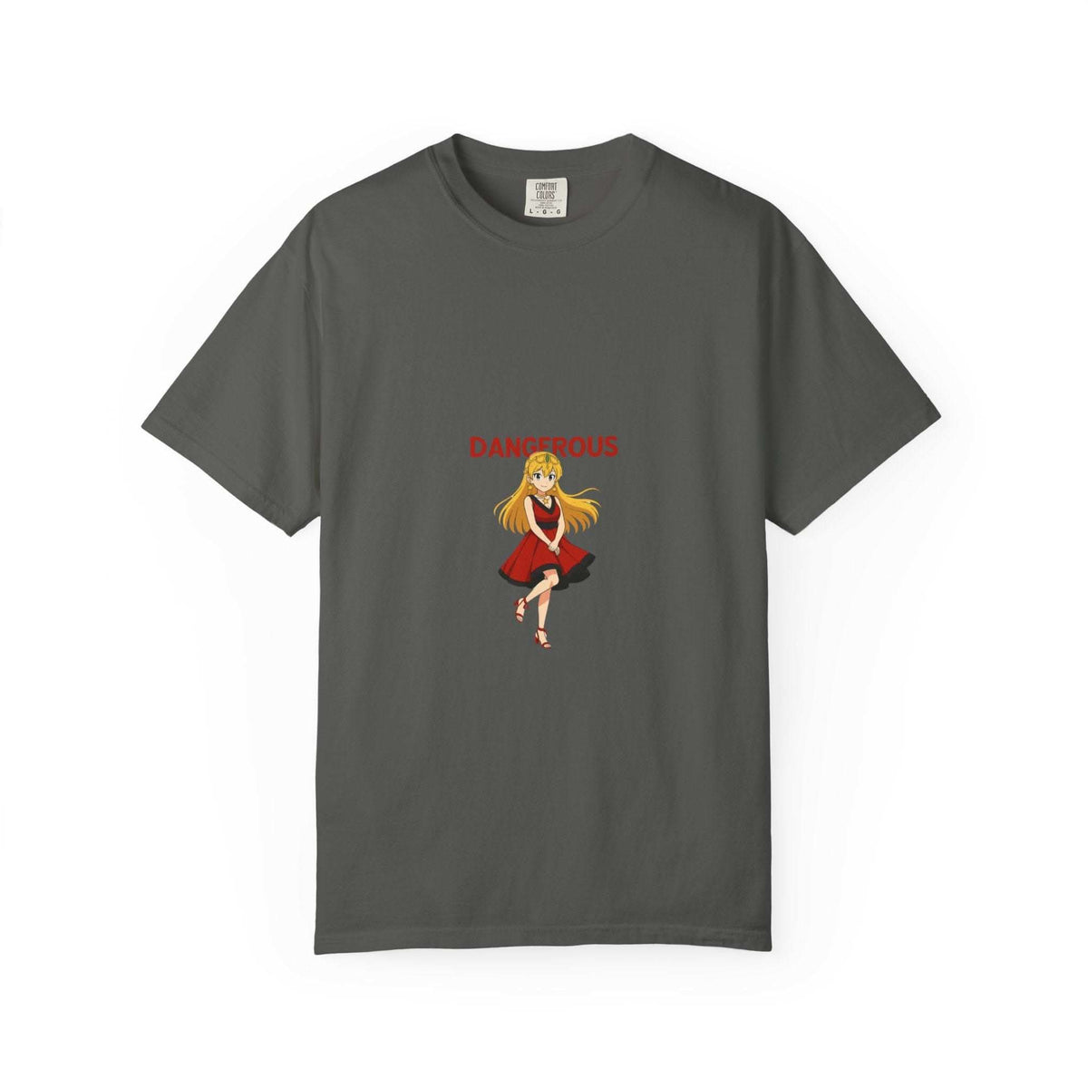 White cotton t-shirt featuring a dangerous red girl graphic, part of Printify's anime fashion collection.