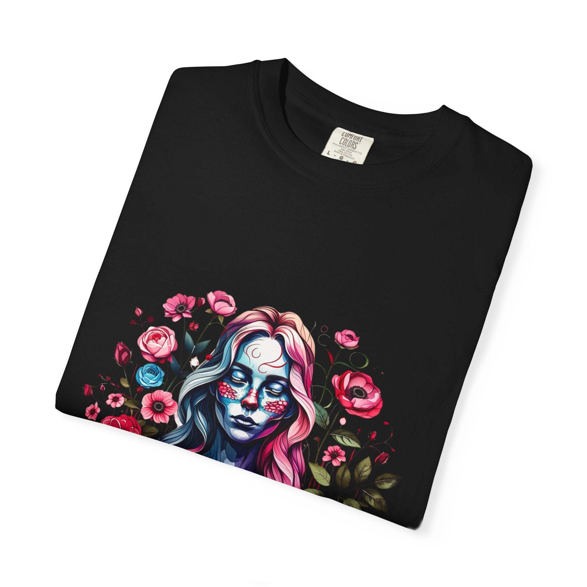 Soft black Floral Skeleton T-shirt with colorful elegant spooky skeleton woman and flowers design on front