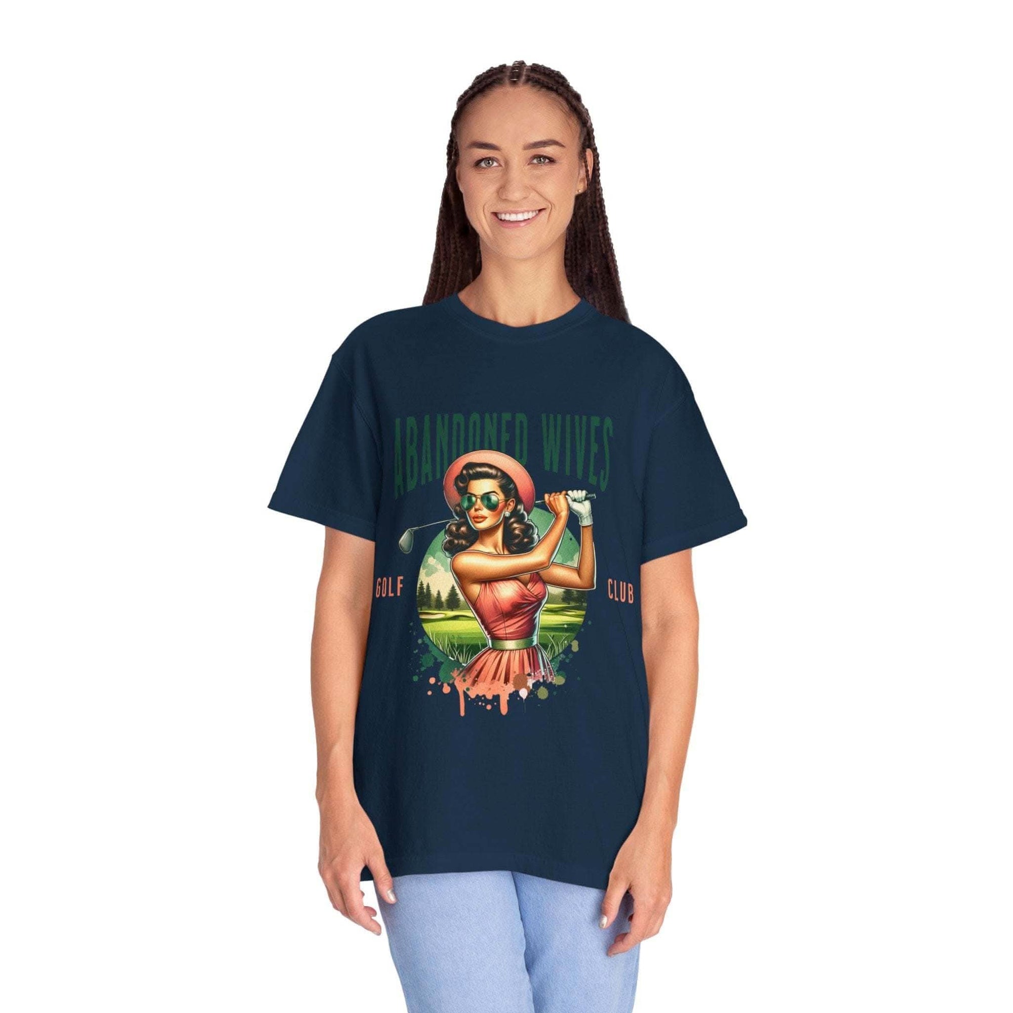 Vintage unisex t-shirt with Abandoned Wives Golf Club vintage graphic design in navy blue