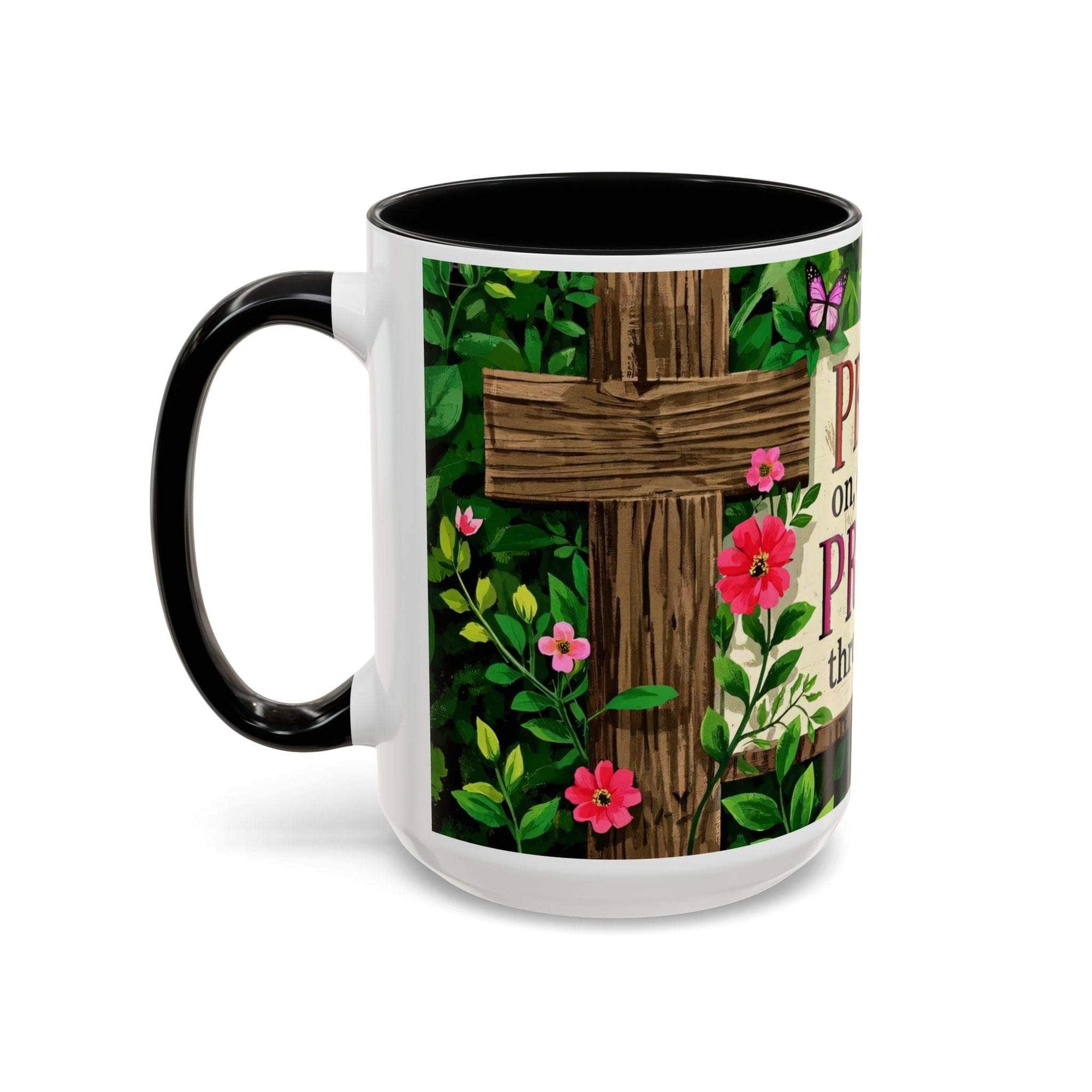 Mug with floral design and cross on a white background