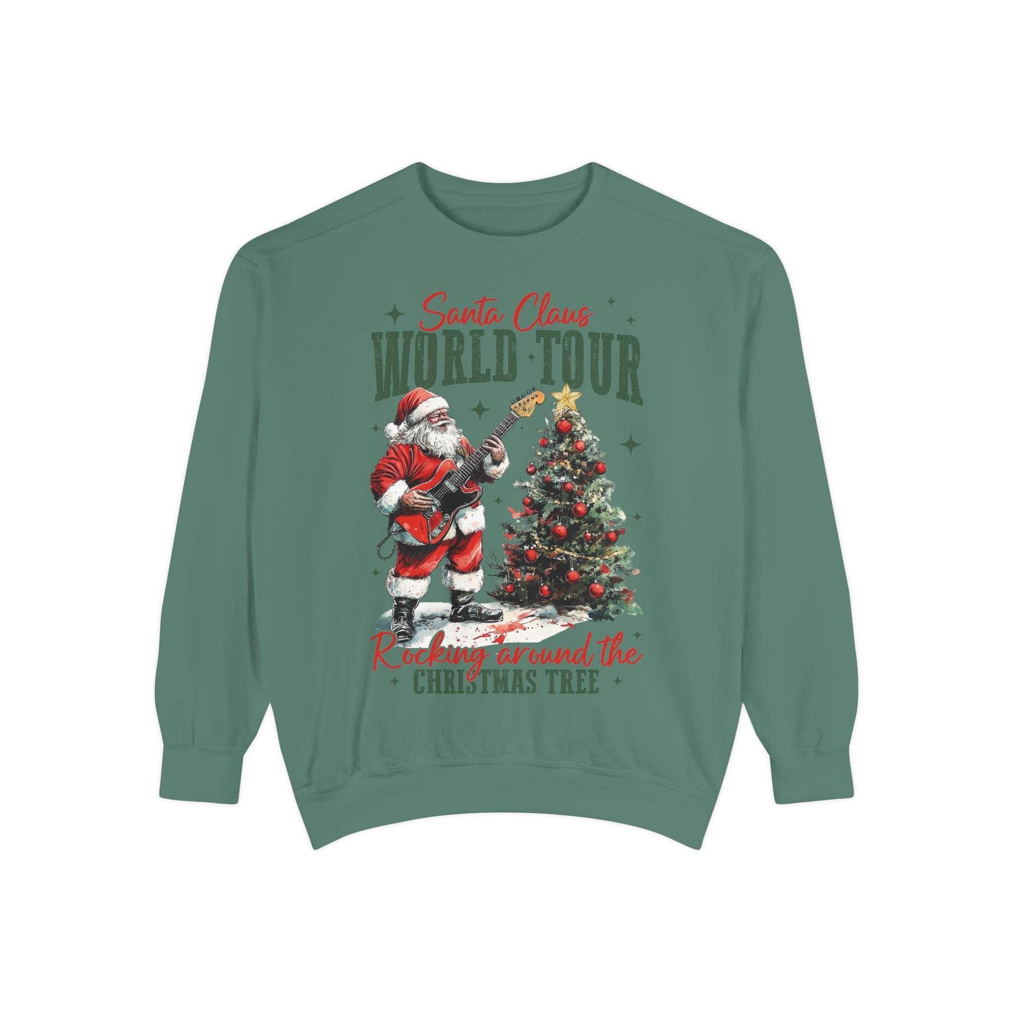 Green sweatshirt Rocking Santa World Tour design with Santa playing guitar by Christmas tree