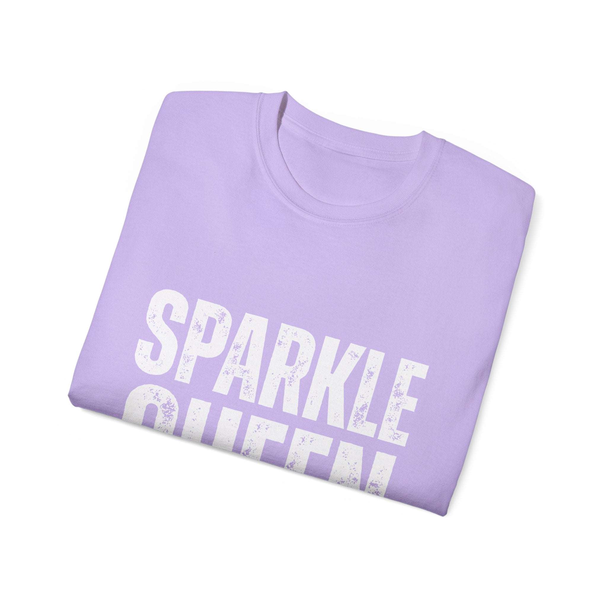 Folded lavender Sparkle Queen T-Shirt with distressed white graphic text