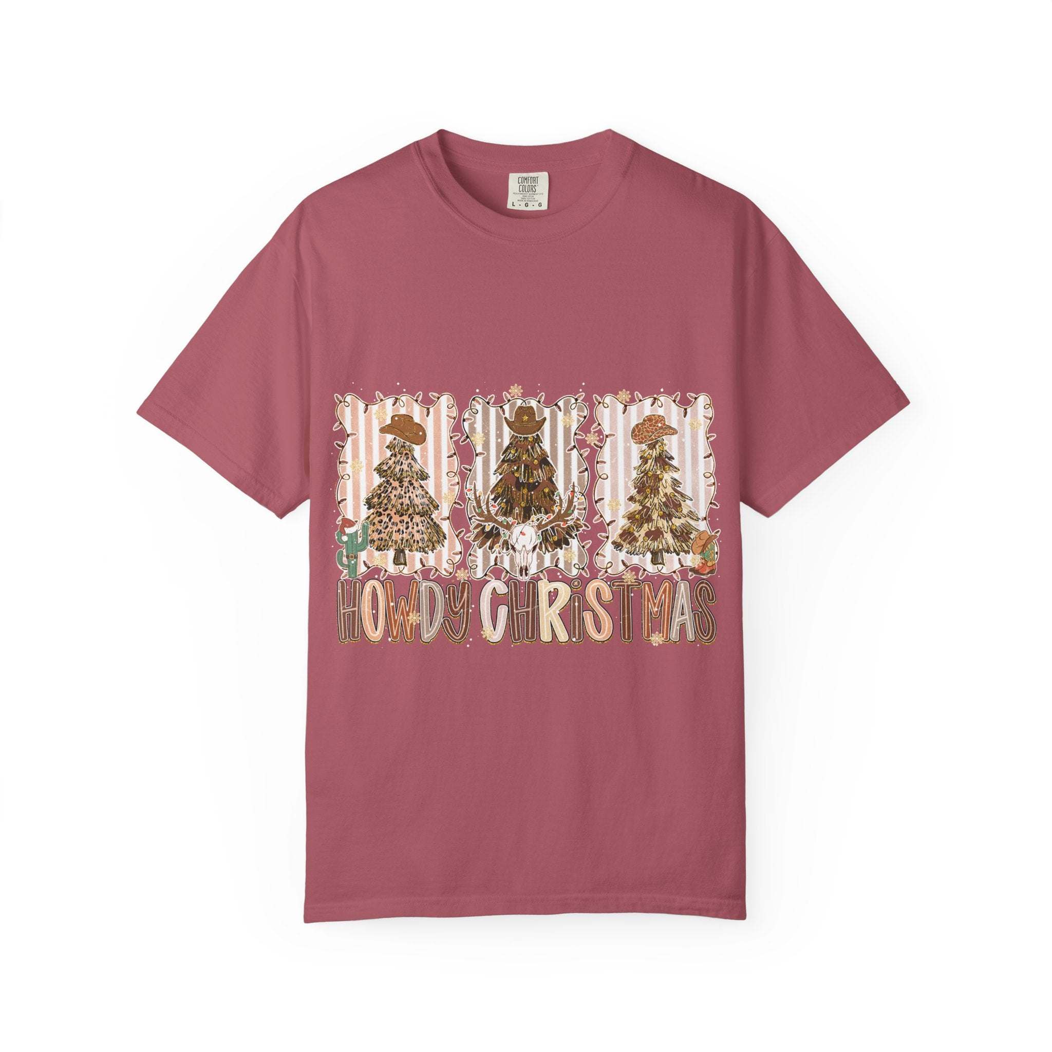 Cowboy Howdy Christmas t-shirt with festive tree design on pink cotton fabric