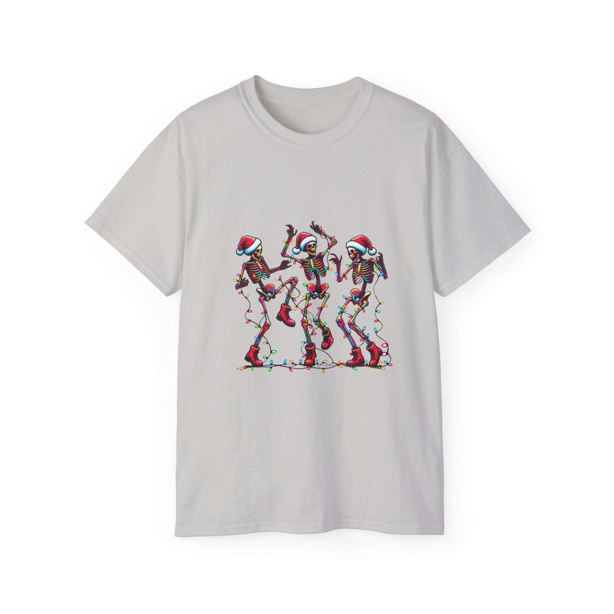 White Christmas Dancing Skeletons T-shirt by Printify in festive design, available in sizes S, M, L