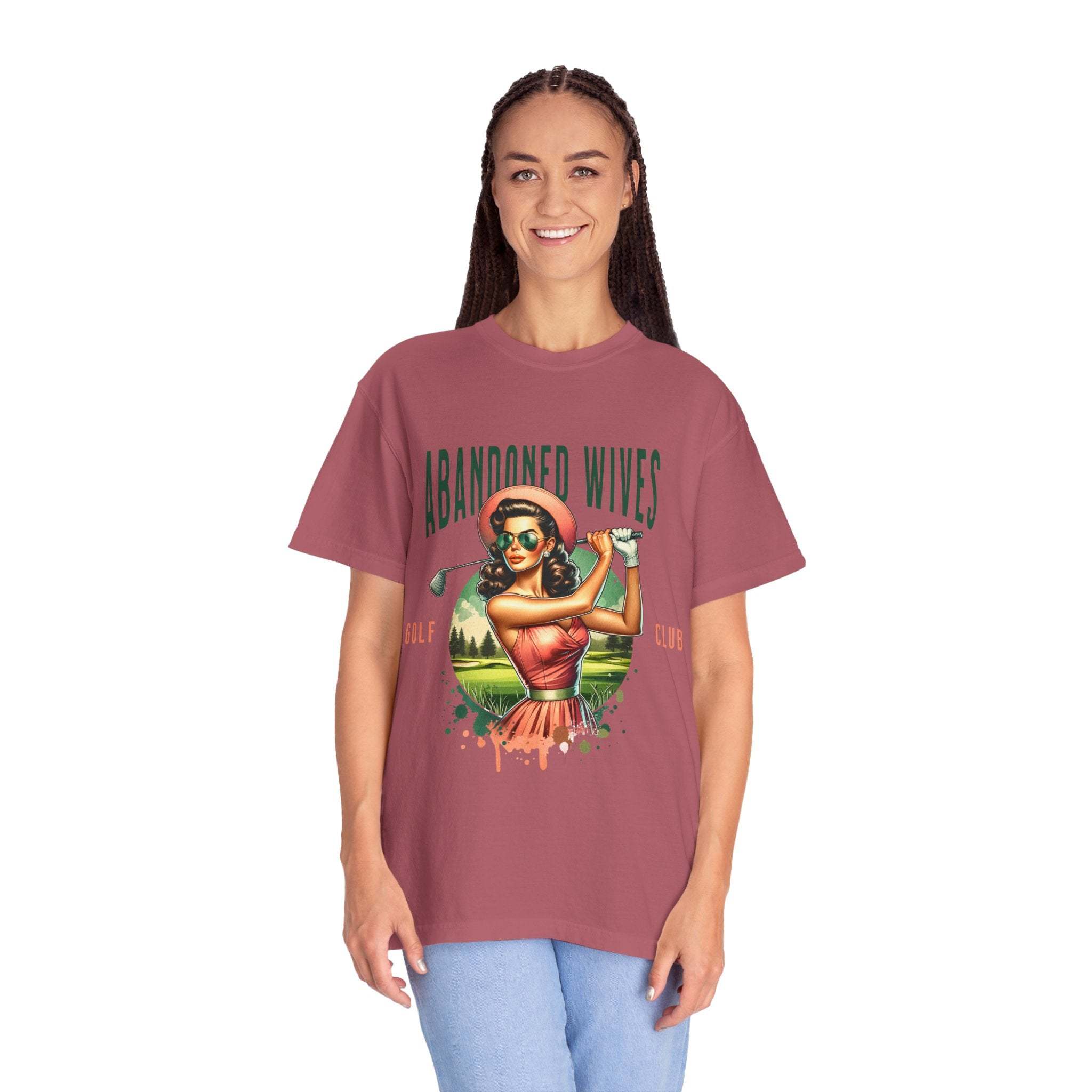 Vintage unisex t-shirt with Abandoned Wives Golf Club design featuring a retro woman golfer illustration