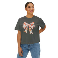 Womens tee with floral coquette bow design, boxy fit, cropped style, and soft ring-spun cotton fabric