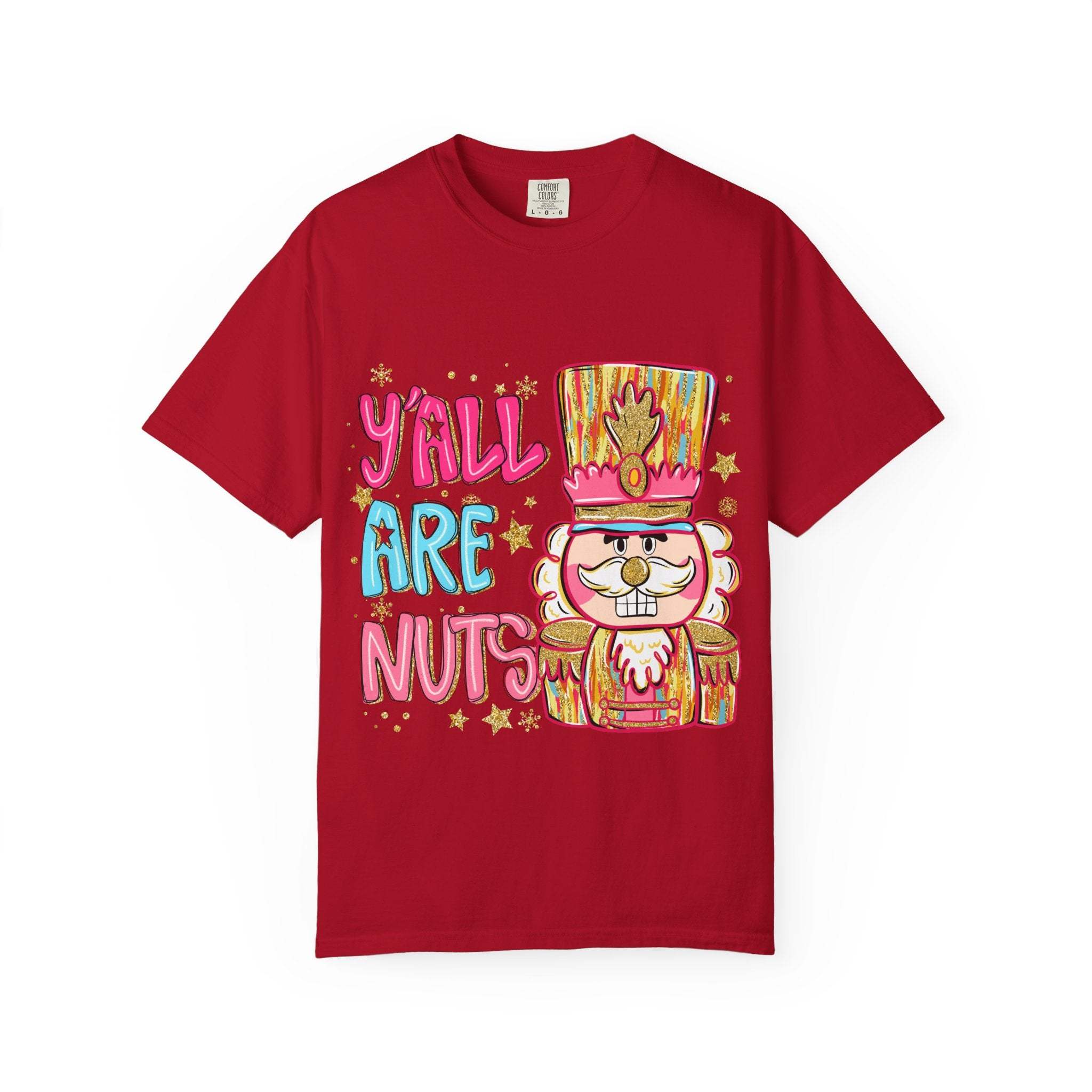 Red T-shirt with colorful Yall Are Nuts Nutcracker graphic and festive holiday design