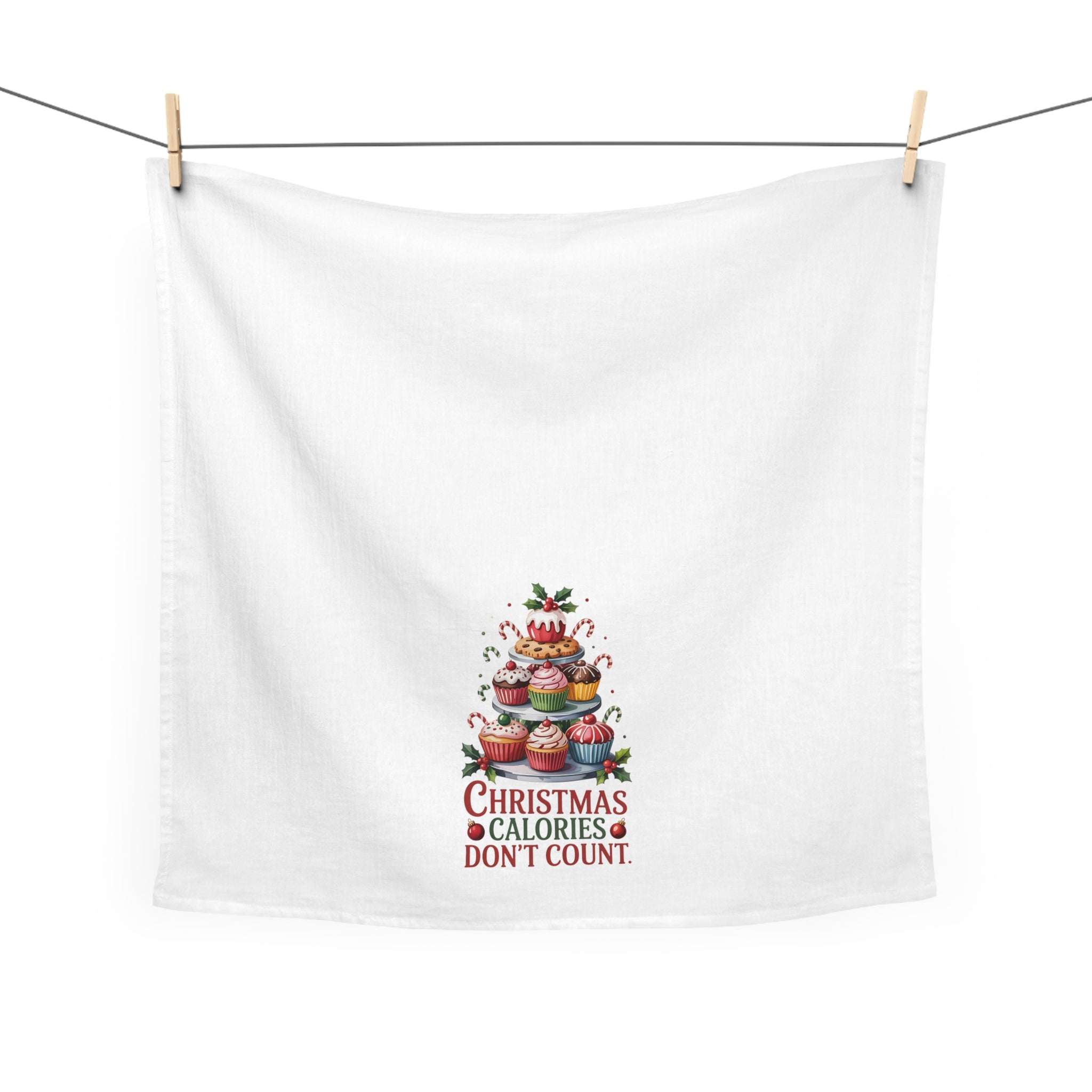 Kitchen Towel Christmas with festive cupcakes and "Christmas Calories Don't Count" text on white cotton fabric