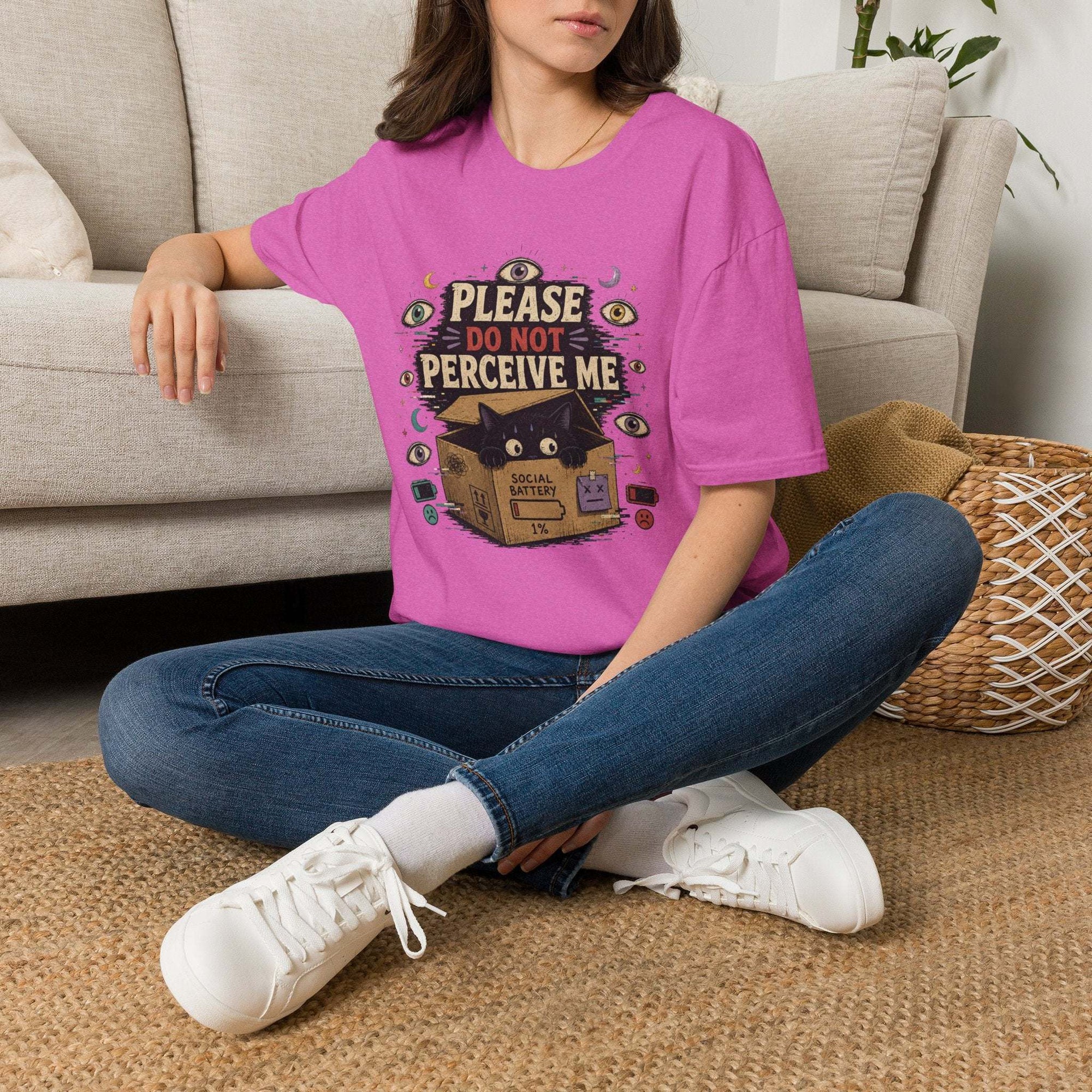 Surreal black cat in box with "Please Do Not Perceive Me" text on Weirdcore graphic tee