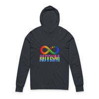 Dark gray Autism Awareness hoodie long sleeve tee with colorful autism infinity symbol and puzzle piece design