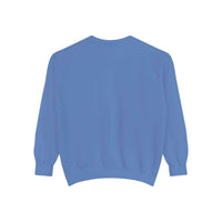 Back view of vintage North Pole Book Club blue sweatshirt with ribbed collar and cuffs