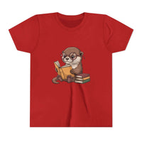 Red t-shirt with an otter holding books design on a white background