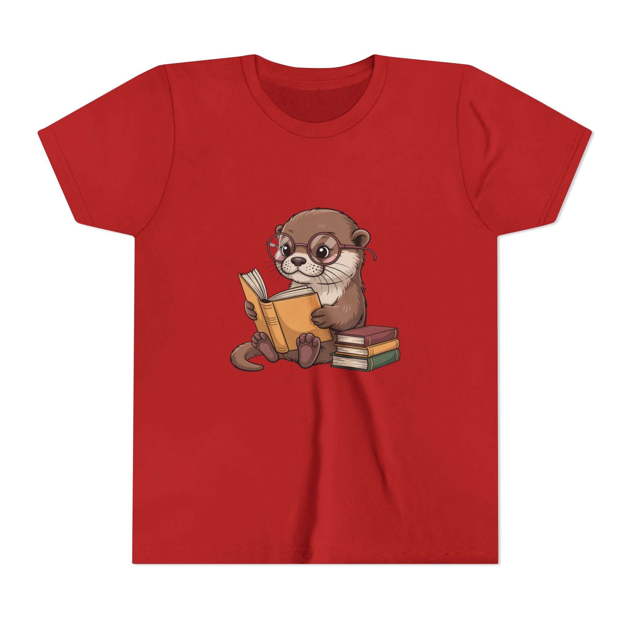 Red t-shirt with an otter holding books design on a white background