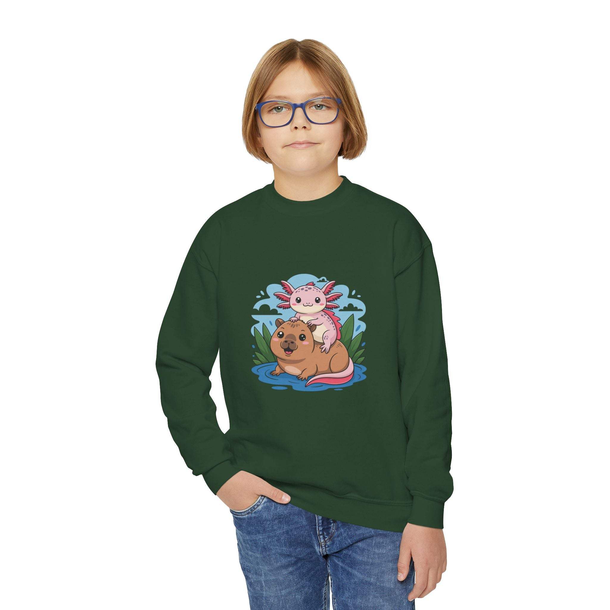 Child wearing a green sweatshirt with a cartoon design on a white background